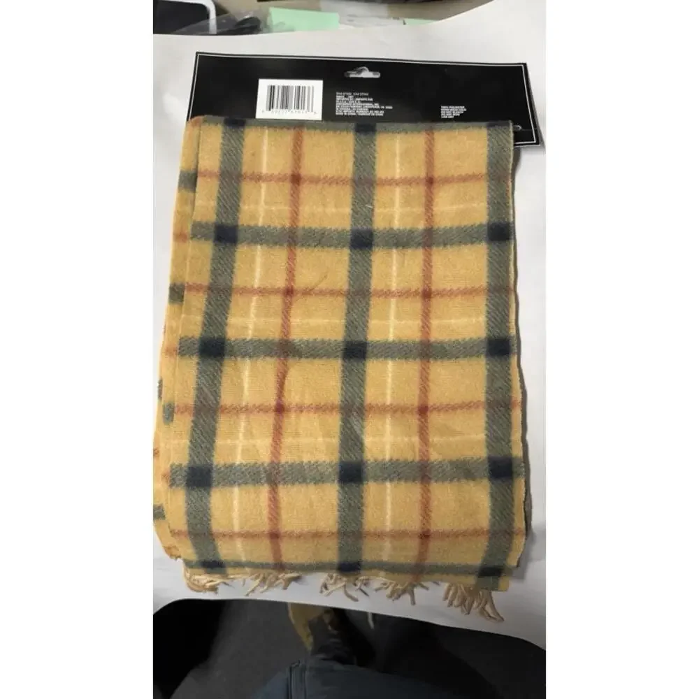 Men's Fleece Scarf Plaid Yellow Mustard Brown Navy Warm Winter Fringed‎ New